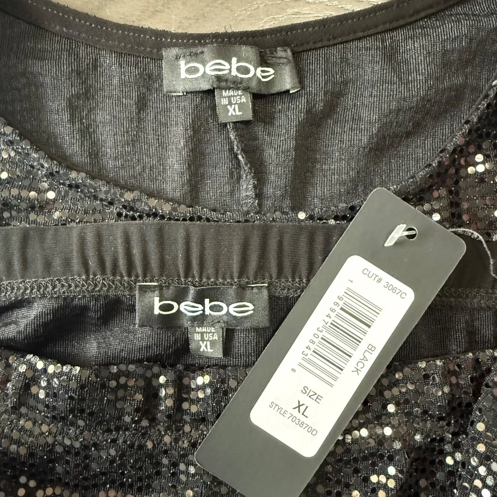 Bebe 2 piece Black Sequin set-cropped short sleeve Top and midi skirt‎ Size XL